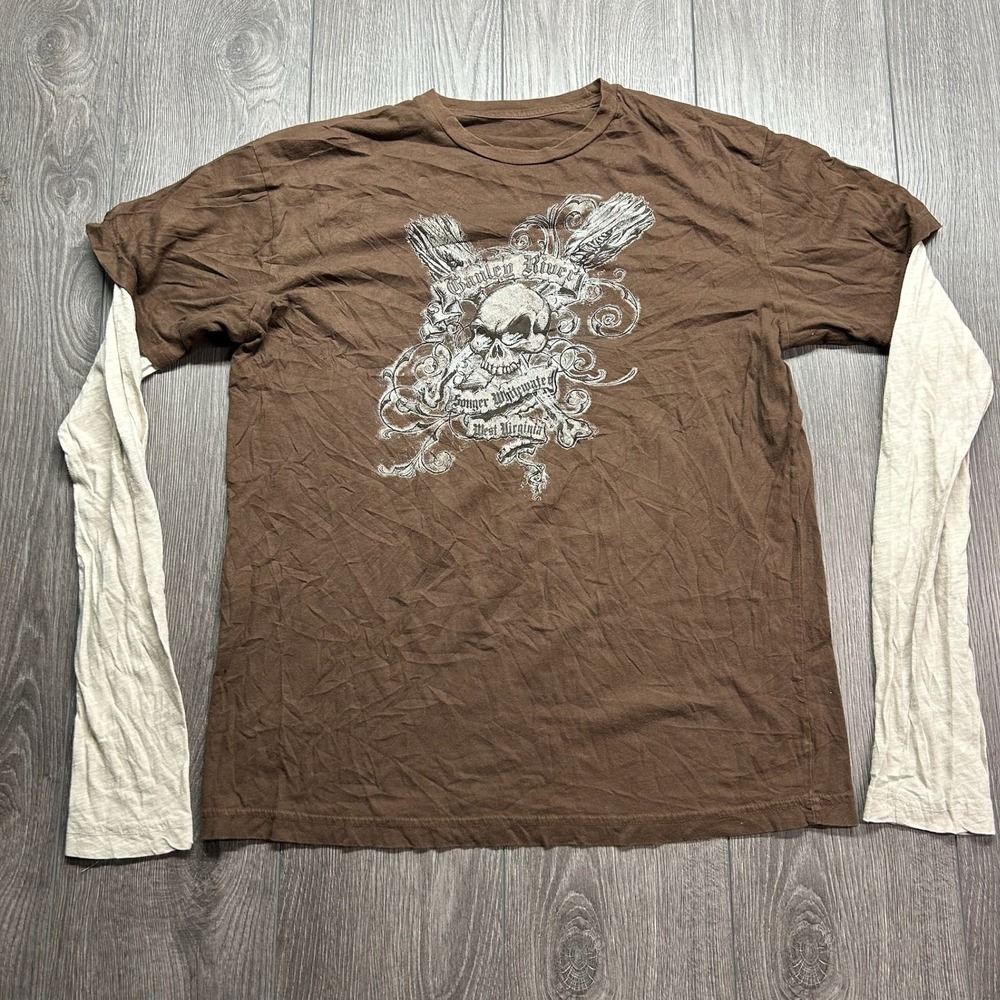 Y2K Gauley River West Virginia Skull Large Layered Long Sleeve Shirt Streetwear